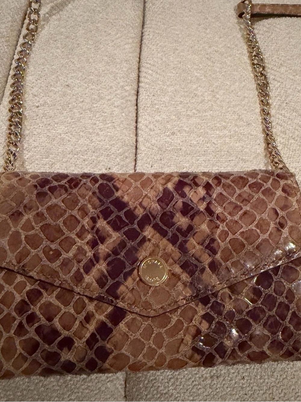 Michael Kors Brown Snake-Print Envelope Clutch with Gold/Snake-Print Chain